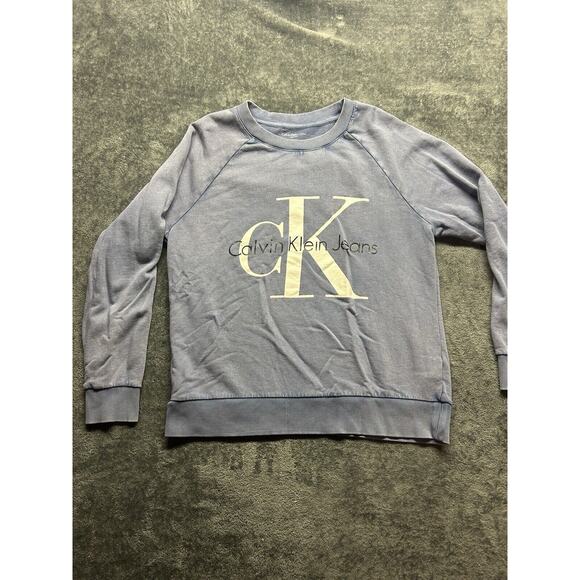 Calvin Klein Jeans Size Large Blue White Logo Long Sleeve Womens Sweater - Picture 1 of 5
